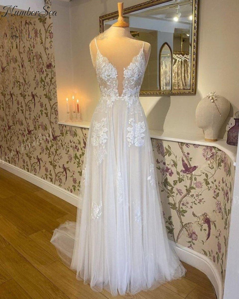 A Line Boho Wedding Dress with V Neck Lace Appliqued Spaghetti Straps Sweep elegant