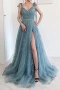 Robe de soirée à bretelles en nœud papillon coupe A dentelle avec fente haute PSK202