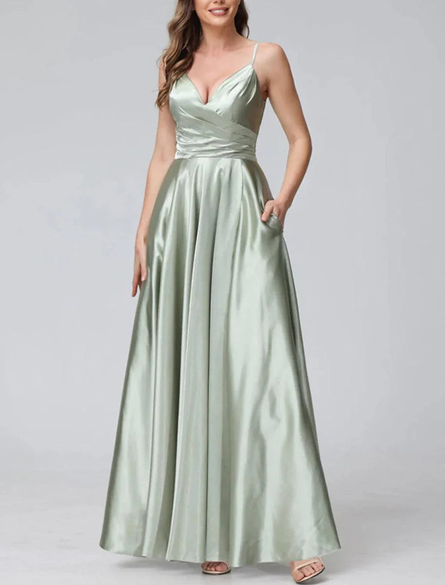 A-Line Bridesmaid Dress Spaghetti Strap Sleeveless Elegant Floor Length Satin with Split Front / Ruching
