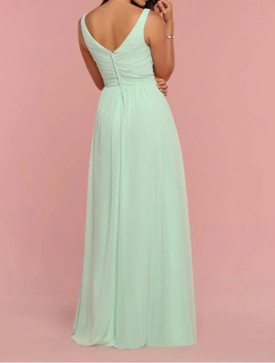A-Line Bridesmaid Dress Straps / Plunging Neck / V Neck Sleeveless Open Back Floor Length Chiffon / Shantung / Imitated Silk with Pleats / Draping / Ruching