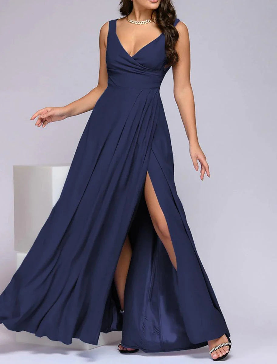 A-Line Bridesmaid Dress V Neck Sleeveless Elegant Floor Length Spandex with Split Front / Ruching
