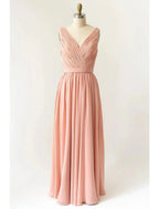A-Line Bridesmaid Dress V Neck Sleeveless Open Back Floor Length Chiffon with Pleats