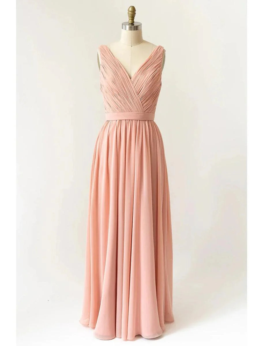 A-Line Bridesmaid Dress V Neck Sleeveless Open Back Floor Length Chiffon with Pleats
