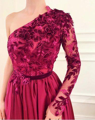 A Line Applique Long Sleeve One Shoulder Burgundy Prom Dress PG873