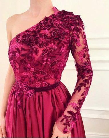 A-Linie, Applikation, Langarm, One-Shoulder, Burgunderrot, Ballkleid PG873