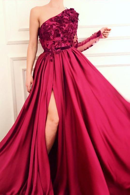 A Line Applique Long Sleeve One Shoulder Burgundy Prom Dress PG873
