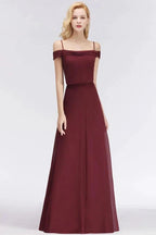 A-line Burgundy Bridesmaid Dress Off-the-shoulder Floor Length Party Dress by misshow.com