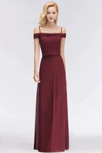 A-line Burgundy Bridesmaid Dress Off-the-shoulder Floor Length Party Dress by misshow.com