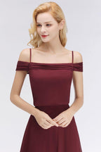 A-line Burgundy Bridesmaid Dress Off-the-shoulder Floor Length Party Dress
