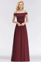 A-line Burgundy Bridesmaid Dress Off-the-shoulder Floor Length Party Dress by misshow.com