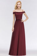 Vestido de dama de honor em linha A, cor bordeaux, ombro de fora, comprimento até ao chão, vestido de festa