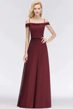 A-line Burgundy Bridesmaid Dress Off-the-shoulder Floor Length Party Dress by misshow.com