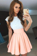 Robe de bal A-line à manches courtes et décolleté en dentelle, en mousseline de soie rose perle PD092