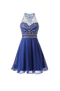 Robe de bal court PG090 en mousseline bleue pour le bal de fin d'année, style A-Line