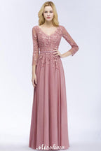 A-line Chiffon Floor-Length Bridesmaid Dress Appliques V-Neck Long-Sleeves Evening Dress