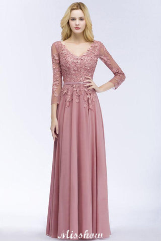 A-Linie Chiffon Bodenlanges Brautjungfernkleid Applikationen V-Ausschnitt Langarm Abendkleid