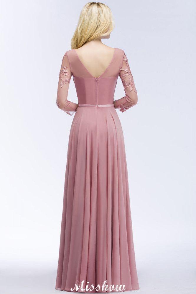 A-line Chiffon Floor-Length Bridesmaid Dress Appliques V-Neck Long-Sleeves Evening Dress