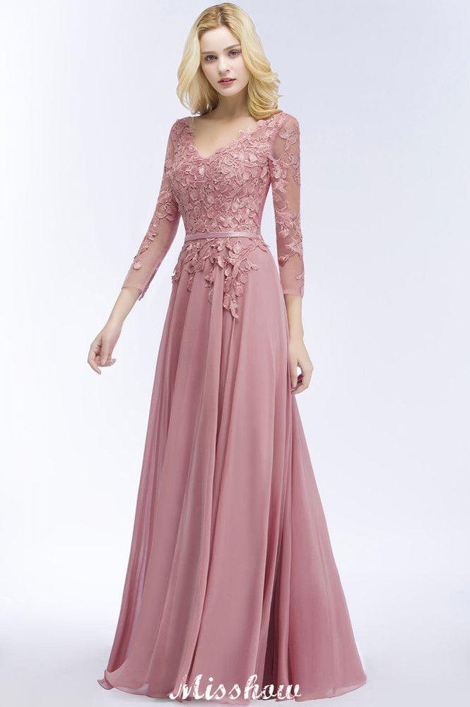 A-line Chiffon Floor-Length Bridesmaid Dress Appliques V-Neck Long-Sleeves Evening Dress