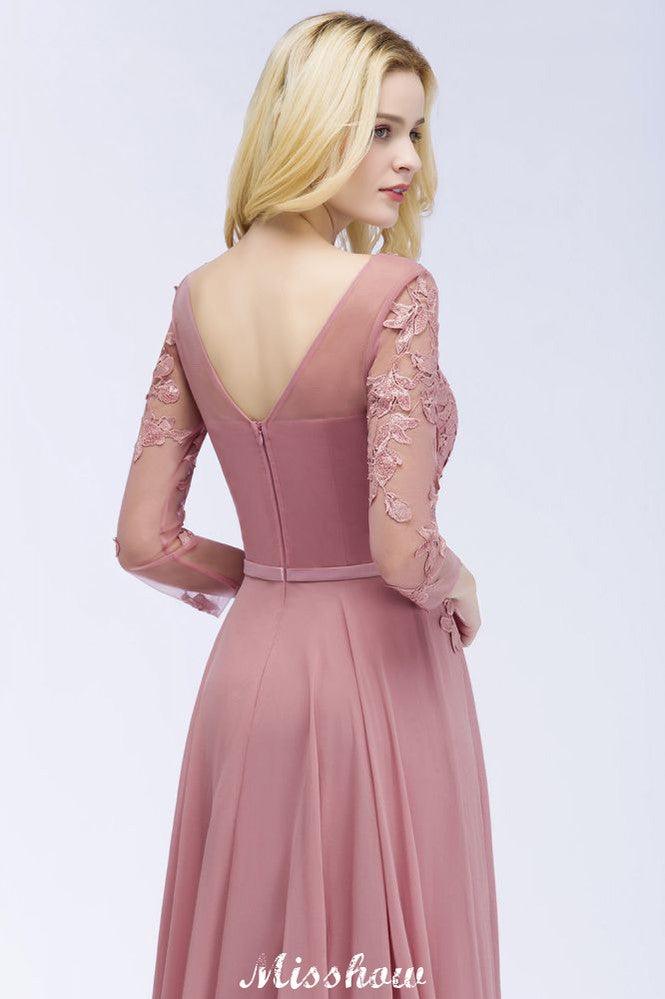 A-line Chiffon Floor-Length Bridesmaid Dress Appliques V-Neck Long-Sleeves Evening Dress