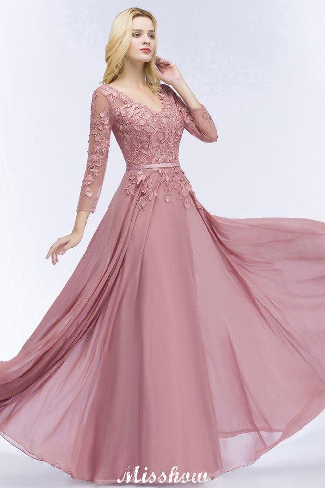 A-line Chiffon Floor-Length Bridesmaid Dress Appliques V-Neck Long-Sleeves Evening Dress