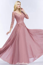 A-line Chiffon Floor-Length Bridesmaid Dress Appliques V-Neck Long-Sleeves Evening Dress