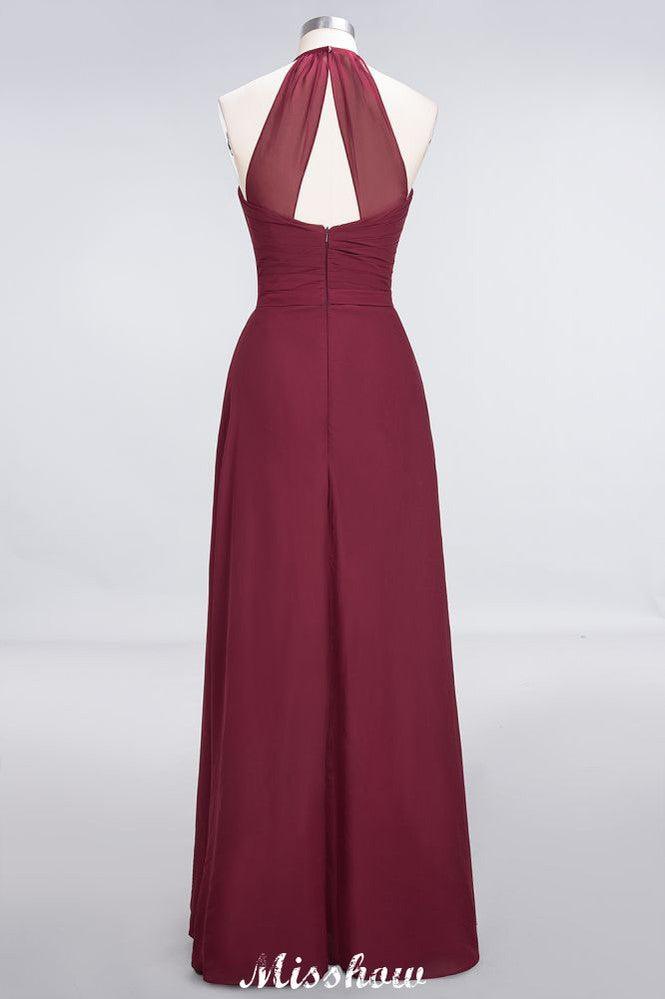 A-Line Chiffon Halter V-Neck Sleeveless Floor-Length Bridesmaid Dress with Ruffle