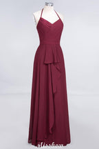 A-Line Chiffon Halter V-Neck Sleeveless Floor-Length Bridesmaid Dress with Ruffle