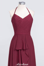 A-Line Chiffon Halter V-Neck Sleeveless Floor-Length Bridesmaid Dress with Ruffle
