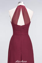 A-Line Chiffon Halter V-Neck Sleeveless Floor-Length Bridesmaid Dress with Ruffle