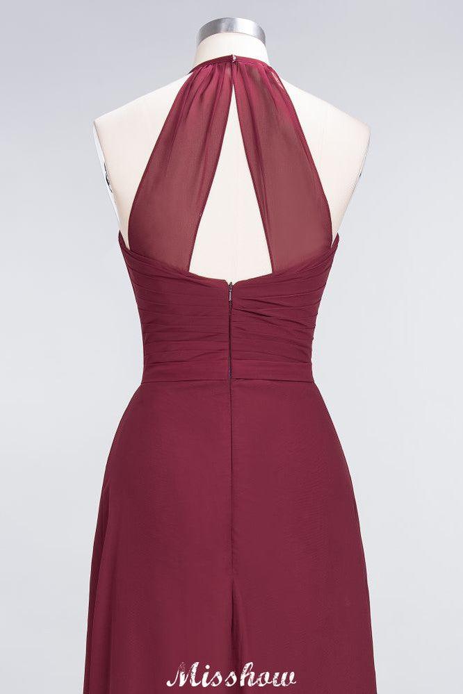 A-Line Chiffon Halter V-Neck Sleeveless Floor-Length Bridesmaid Dress with Ruffle