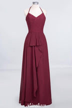 A-Line Chiffon Halter V-Neck Sleeveless Floor-Length Bridesmaid Dress with Ruffle