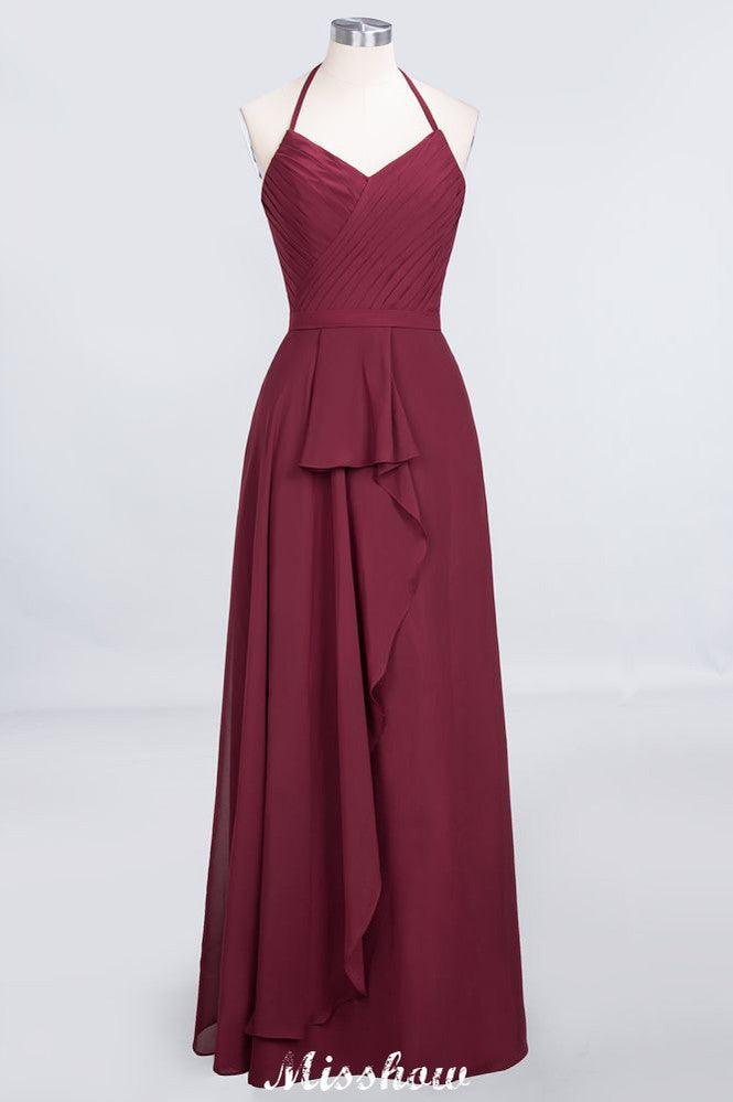 A-Line Chiffon Halter V-Neck Sleeveless Floor-Length Bridesmaid Dress with Ruffle