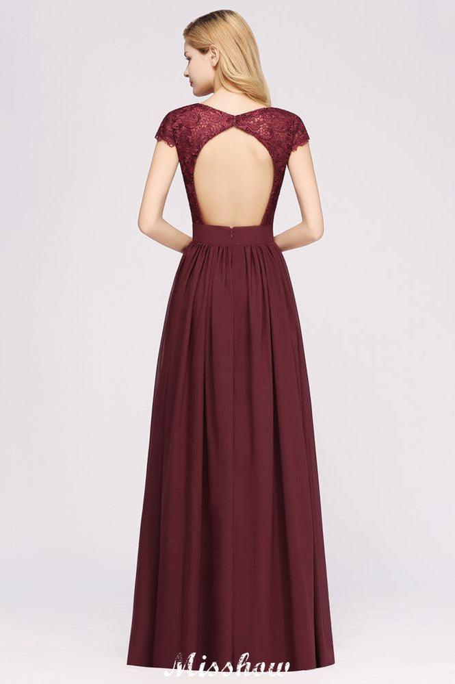 A-line Chiffon Lace V-Neck Sleeveless Floor-Length Bridesmaid Dresses with Ruffles