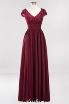 A-line Chiffon Lace V-Neck Sleeveless Floor-Length Bridesmaid Dresses with Ruffles