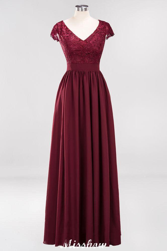 A-line Chiffon Lace V-Neck Sleeveless Floor-Length Bridesmaid Dresses with Ruffles