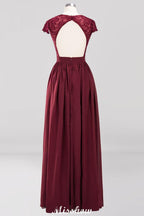 A-line Chiffon Lace V-Neck Sleeveless Floor-Length Bridesmaid Dresses with Ruffles