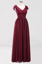 A-line Chiffon Lace V-Neck Sleeveless Floor-Length Bridesmaid Dresses with Ruffles