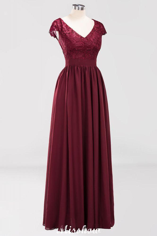 A-line Chiffon Lace V-Neck Sleeveless Floor-Length Bridesmaid Dresses with Ruffles