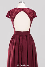 A-line Chiffon Lace V-Neck Sleeveless Floor-Length Bridesmaid Dresses with Ruffles