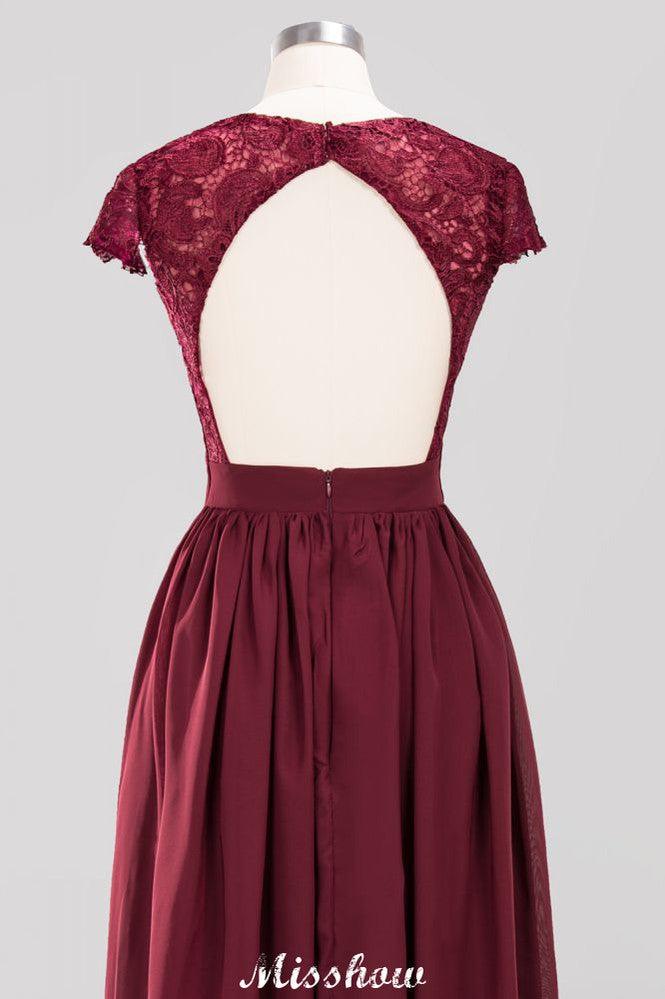 A-line Chiffon Lace V-Neck Sleeveless Floor-Length Bridesmaid Dresses with Ruffles