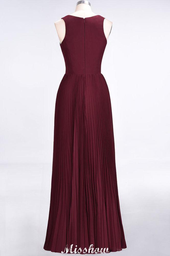 A-Line Chiffon V-Neck Sleeveless Bridesmaid Dress Floor-Length Ruffles Side Split Evening Gown