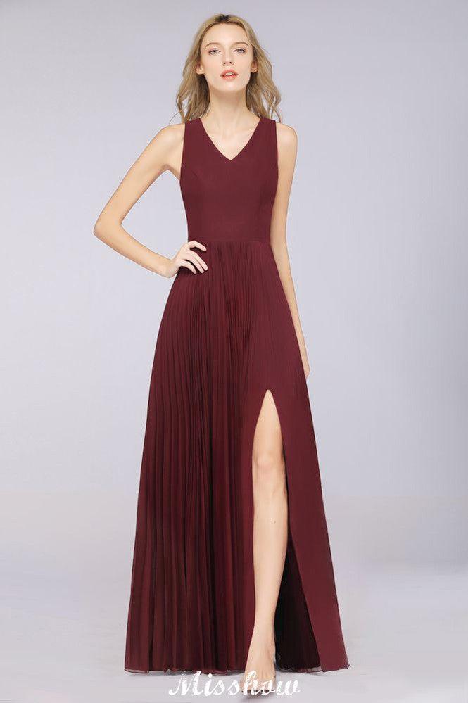 A-Line Chiffon V-Neck Sleeveless Bridesmaid Dress Floor-Length Ruffles Side Split Evening Gown