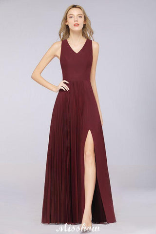 A-Linie Chiffon V-Ausschnitt Ärmelloses Brautjungfernkleid Bodenlang Rüschen Seitlich geschlitztes Abendkleid