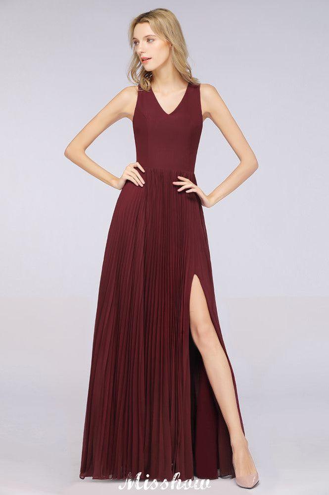 A-Line Chiffon V-Neck Sleeveless Bridesmaid Dress Floor-Length Ruffles Side Split Evening Gown