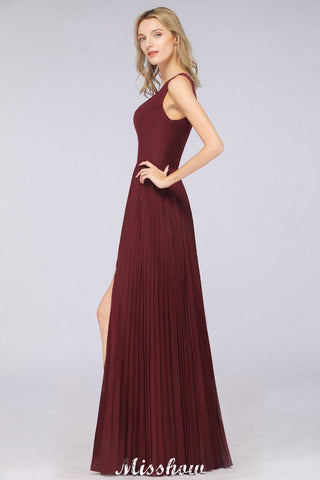 A-Linie Chiffon V-Ausschnitt Ärmelloses Brautjungfernkleid Bodenlang Rüschen Seitlich geschlitztes Abendkleid