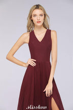 A-Line Chiffon V-Neck Sleeveless Bridesmaid Dress Floor-Length Ruffles Side Split Evening Gown