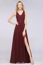 A-Line Chiffon V-Neck Sleeveless Bridesmaid Dress Floor-Length Ruffles Side Split Evening Gown
