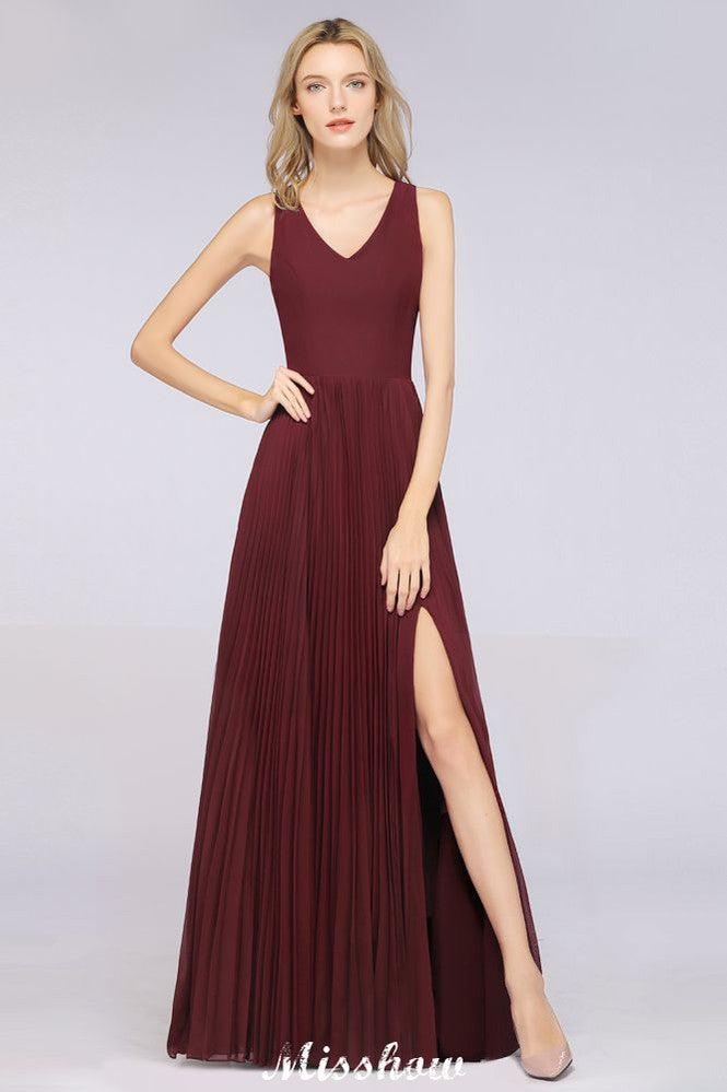 A-Line Chiffon V-Neck Sleeveless Bridesmaid Dress Floor-Length Ruffles Side Split Evening Gown