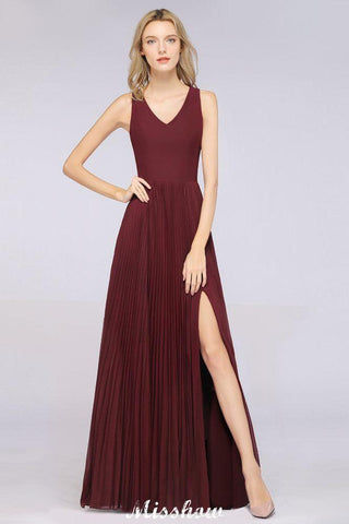 A-Linie Chiffon V-Ausschnitt Ärmelloses Brautjungfernkleid Bodenlang Rüschen Seitlich geschlitztes Abendkleid