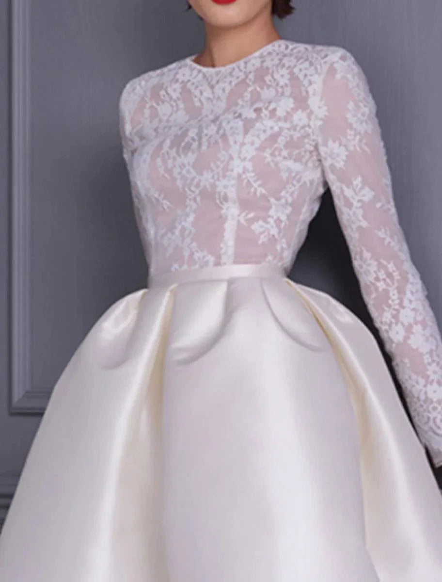 Vestidos de cocktail em linha A, anos 50, festa de casamento, aniversário, comprimento até ao joelho, manga comprida, decote joia, outono, convidado de casamento, cetim com apliques, emendas